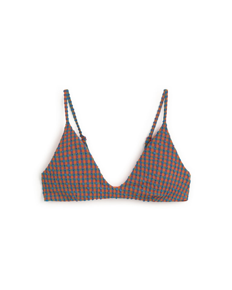 Top bikini seersucker naranja y azul Positano sostenible silueta - 1